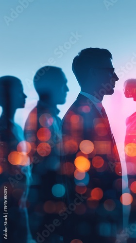 Silhouettes of business professionals overlaid with city lights, symbolizing corporate networking and urban success.