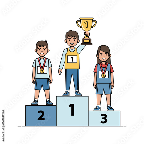 Three children standing on a podium with medals