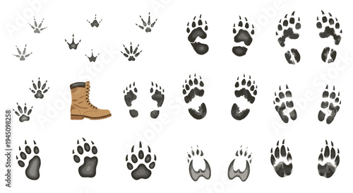 Comprehensive set of various animal and human boot tracks in dark silhouettes, useful for nature tracking and wildlife identification guides.