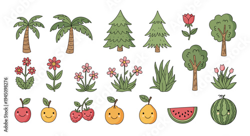 Set of cute hand drawn nature elements including various trees, colorful flowers, grass, and happy fruit characters with smiling faces.