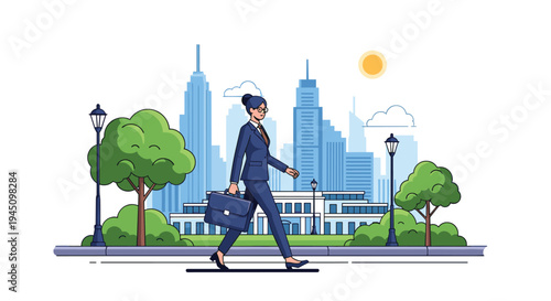 Businesswoman walking confidently on a city sidewalk with a briefcase, featuring a modern urban background with skyscrapers and green trees.