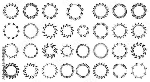 Large collection of circular laurel and floral wreaths made of leaves and branches in black silhouette style for logos and decorative frames.