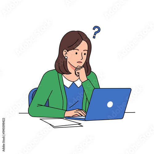 A woman sitting at a desk with a laptop and looking confused