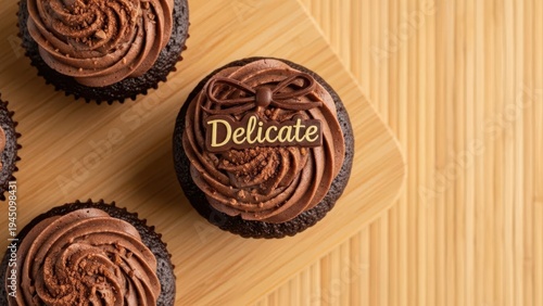 Chocolate cupcakes with chocolate frosting on a wooden cutting board with a wooden background