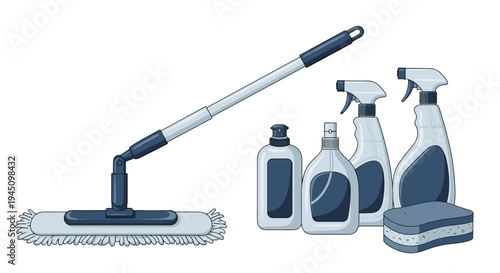 Collection of various house cleaning supplies including a floor mop, spray bottles, sponge, and detergent containers in blue and grey colors.