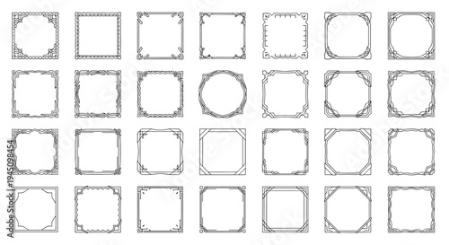 Set of 28 ornate square and rectangular border frames with various decorative corner patterns and vintage line art styles in black and white.