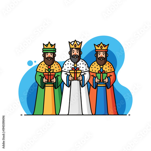 Three wise men with gifts in colorful robes