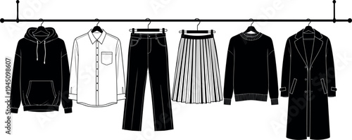 Clothing Rack with Hanging Fashion Apparel Silhouette Including Jacket Shirt Pants Skirt and Coat Vector Illustration