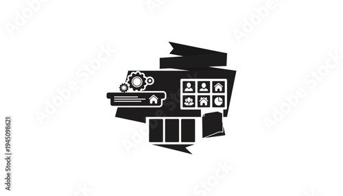 A black and white illustration of a house with various icons and symbols