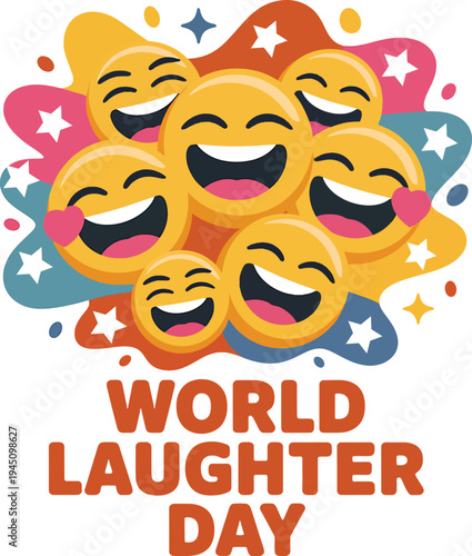 Laughing emojis on colorful background with laughter day text smiling faces