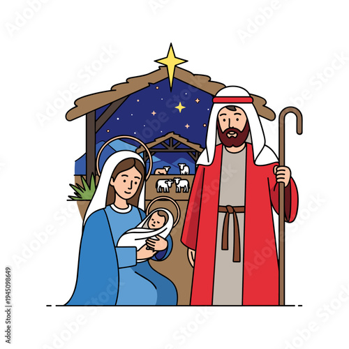 A cartoon nativity scene with mary, joseph and baby jesus
