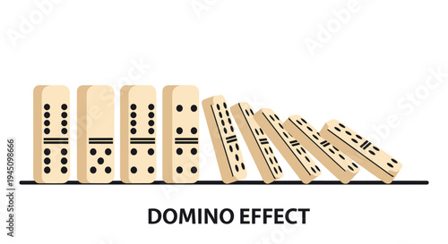 Concept of a domino effect showing a row of white domino pieces falling one after another on a black line surface over a white background.