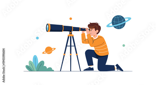 Boy kneeling on the ground and looking through a telescope at planets like Saturn and a blue globe in the starry space for astronomy studies.
