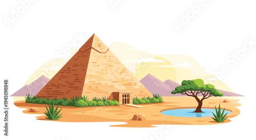 Ancient Egyptian pyramid landscape in a desert with a small oasis, palm trees, mountains, and a bright sun in the background.