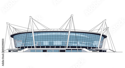 Modern large sports stadium or arena with a complex cable stayed roof structure and glass facade, shown in a clean line art style.