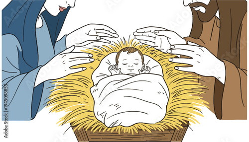 Jesus Christ icon illustration of baby in manger with Mary and Joseph