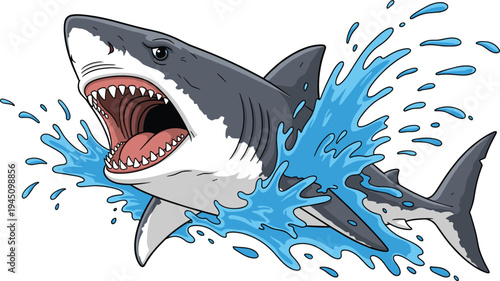 Ferocious great white shark jumping from ocean water splash cartoon marine predator vector illustration wildlife sea animal attack concept