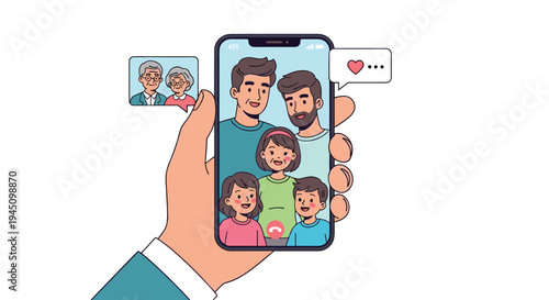 Hand holding a smartphone displaying a video call with a large family including parents and kids, while grandparents are shown in a small bubble.