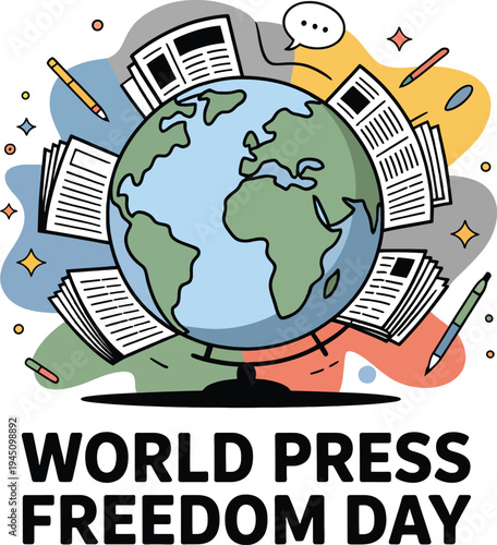 Press Freedom Day globe with newspapers and pencils earth