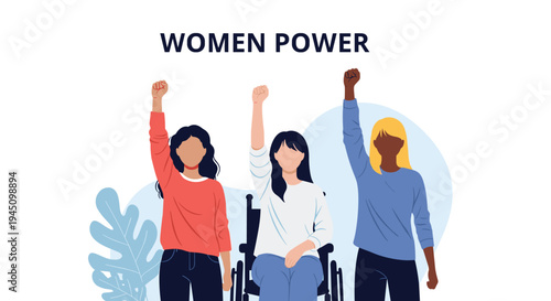 Group of diverse women including a person in a wheelchair raising their fists together to celebrate empowerment and unity.