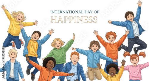 Illustration of diverse children celebrating International Day of Happiness with joyful expressions and dynamic poses against a clean background.