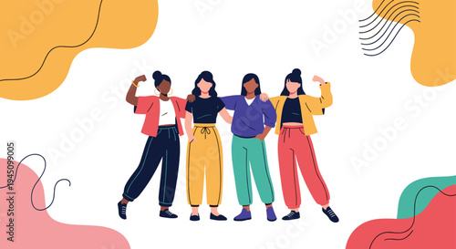 Group of four strong and confident young women posing together with raised arms showing solidarity and empowerment.