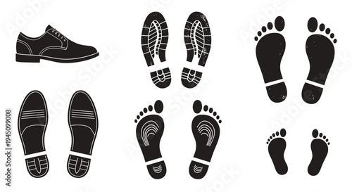 Collection of diverse footprint silhouettes including bare feet and various shoe sole patterns for tracking themes.