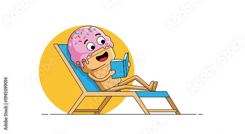 Cute cartoon ice cream character with colorful sprinkles relaxing on a beach chair and reading a book under the sun.