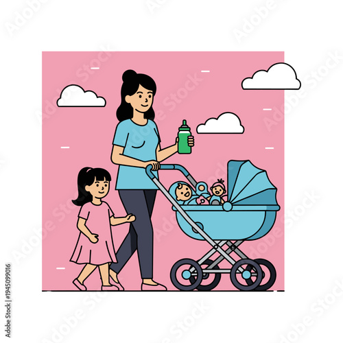 A woman and a child walking with a pram