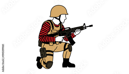 Soldier kneeling with gun in a tactical stance illustration