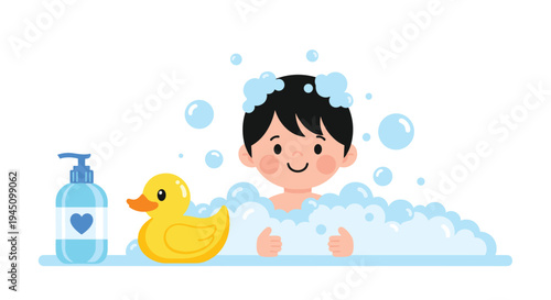 Happy little boy taking a bubble bath with a yellow rubber duck and soap bottle in a clean bathroom environment.