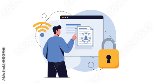 Man interacting with a secure digital document on a computer screen protected by a padlock and wireless signal icon.