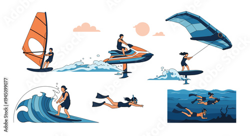 Set of people enjoying various water sports including surfing and scuba diving in the ocean under a summer sunset.