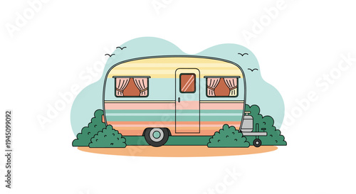 Vintage colorful camper trailer parked among green bushes under a clear sky for a summer road trip adventure theme.