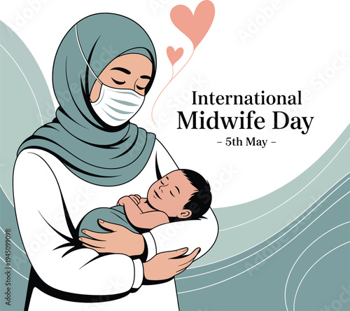 Woman in hijab and face mask holding newborn baby international midwife day