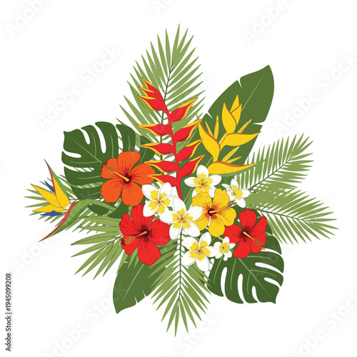 Vibrant tropical floral arrangement with lush green foliage and colorful blooms