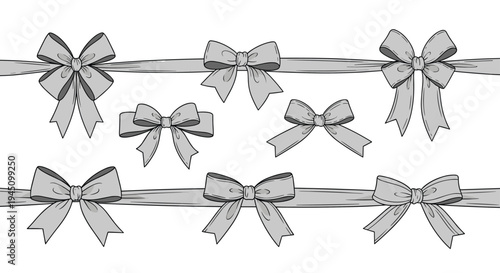 Collection of several grey ribbons tied into various styles of decorative bows for gifts and fashion design projects.