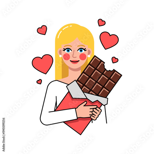 A cartoon woman holding a chocolate bar with hearts around her