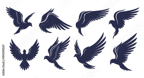 Collection of dark blue bird silhouettes in different flight positions representing freedom and grace in nature.
