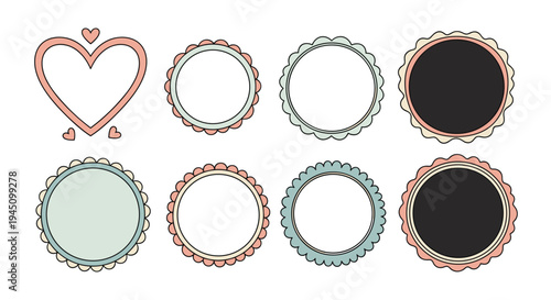 Set of decorative circular frames with scalloped edges and a heart shape in soft pink and muted green color tones.
