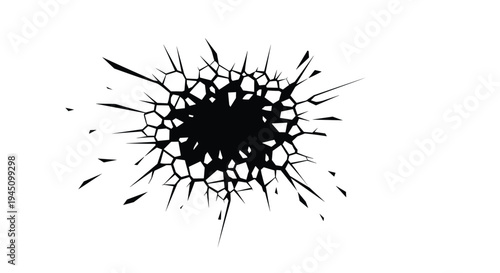 Detailed black crack or broken glass pattern with many lines radiating from a central point on a white background.