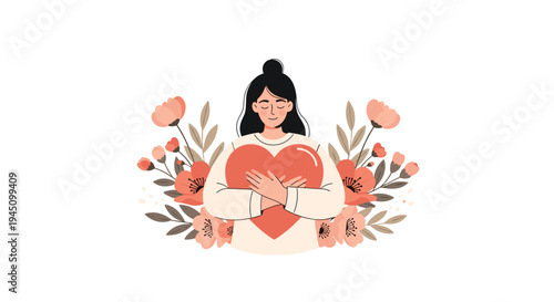 Calm woman hugging a large red heart surrounded by beautiful pink flowers representing self love and inner peace.