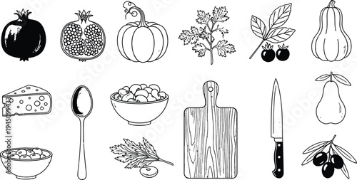 A collection of food and kitchen items illustrations