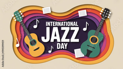 International jazz day celebration with guitars and music notes on colorful background