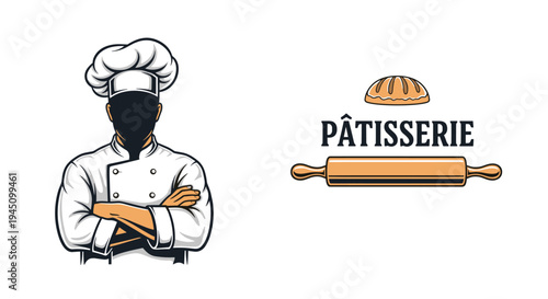 Professional pastry chef logo featuring a faceless baker in uniform beside a rolling pin and fresh bread for a patisserie business.