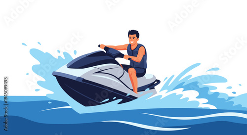 Energetic man riding a powerful jet ski through ocean waves creating large blue water splashes under a bright sunny sky for summer fun.