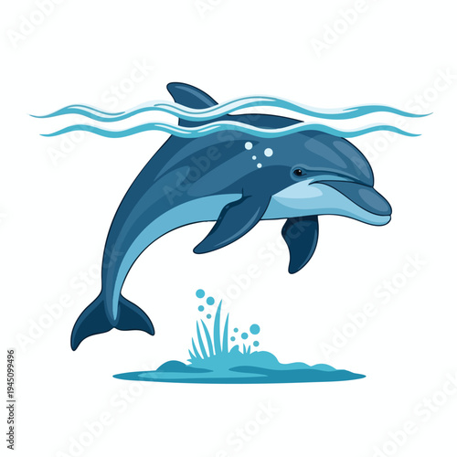 Blue dolphin leaps from splashing water, partially submerged under wavy surface