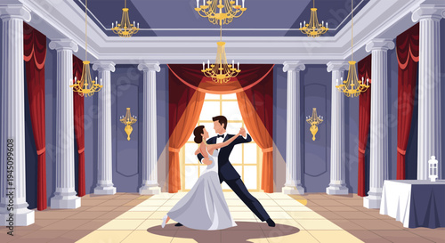 Elegant couple in formal attire performing a romantic dance in a grand luxury ballroom with high ceilings, columns, and golden chandeliers.