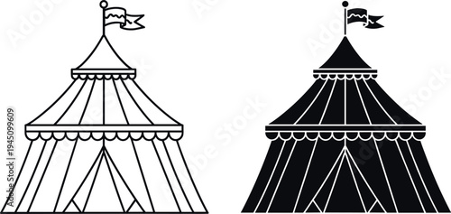 Circus tent vector illustration with outline and solid silhouette styles isolated on light background for carnival festival design