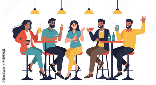 Group of five diverse friends sitting on stools at high tables in a modern bar while enjoying drinks and engaging in a lively social conversation.